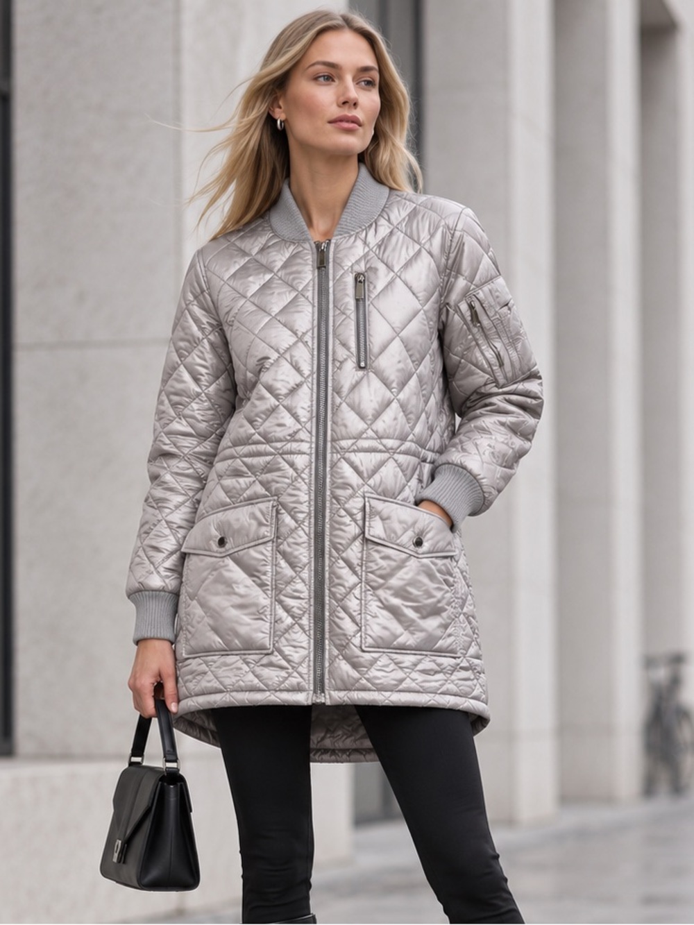 French Connection Large Silver Quilted Longline Bomber Jacket Coat